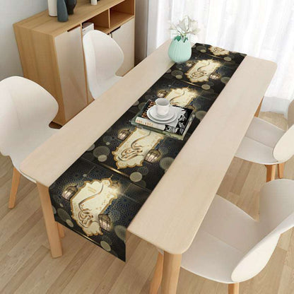 Eid mubarak decorative tablecloth - Hallafa Gather family and friends around the table for memorable Ramadan & 'Eid festivities - Choose from 21 beautiful designs to suit your tastes. · Material: Linen with brushed base. #
