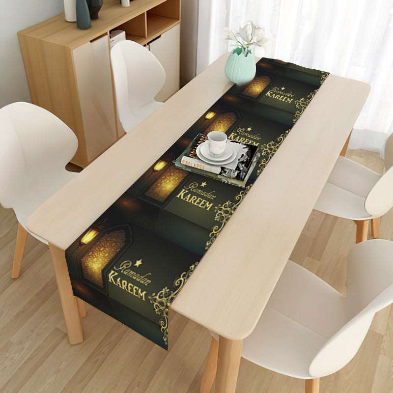 Eid mubarak decorative tablecloth - Hallafa Gather family and friends around the table for memorable Ramadan & 'Eid festivities - Choose from 21 beautiful designs to suit your tastes. · Material: Linen with brushed base. #