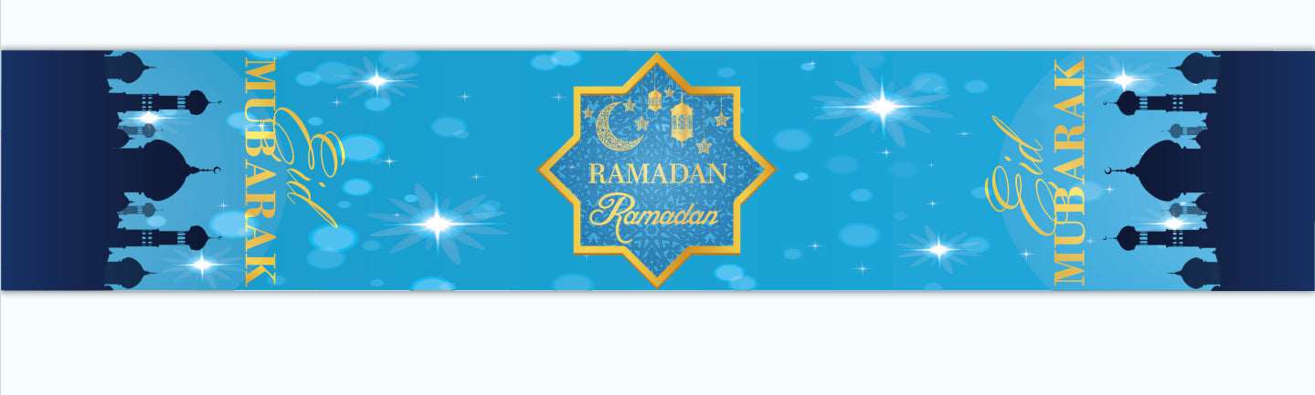 Eid mubarak decorative tablecloth - Hallafa Gather family and friends around the table for memorable Ramadan & 'Eid festivities - Choose from 21 beautiful designs to suit your tastes. · Material: Linen with brushed base. #