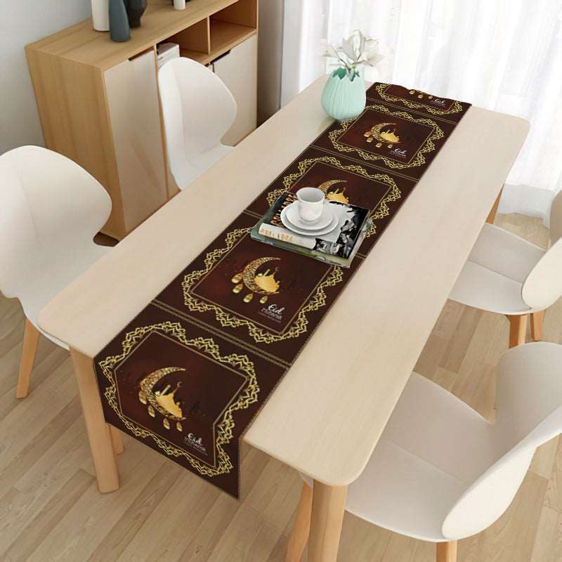 Eid mubarak decorative tablecloth - Hallafa Gather family and friends around the table for memorable Ramadan & 'Eid festivities - Choose from 21 beautiful designs to suit your tastes. · Material: Linen with brushed base. #