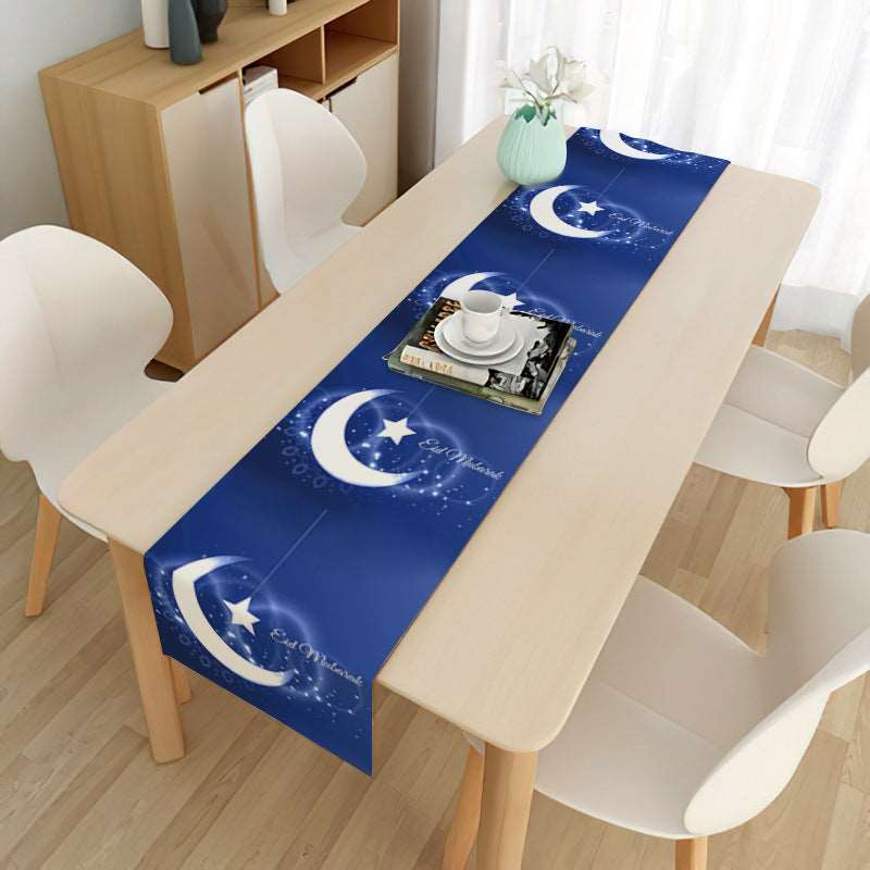 Eid mubarak decorative tablecloth - Hallafa Gather family and friends around the table for memorable Ramadan & 'Eid festivities - Choose from 21 beautiful designs to suit your tastes. · Material: Linen with brushed base. #