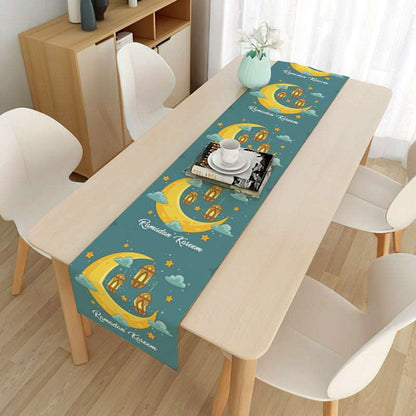 Eid mubarak decorative tablecloth - Hallafa Gather family and friends around the table for memorable Ramadan & 'Eid festivities - Choose from 21 beautiful designs to suit your tastes. · Material: Linen with brushed base. #