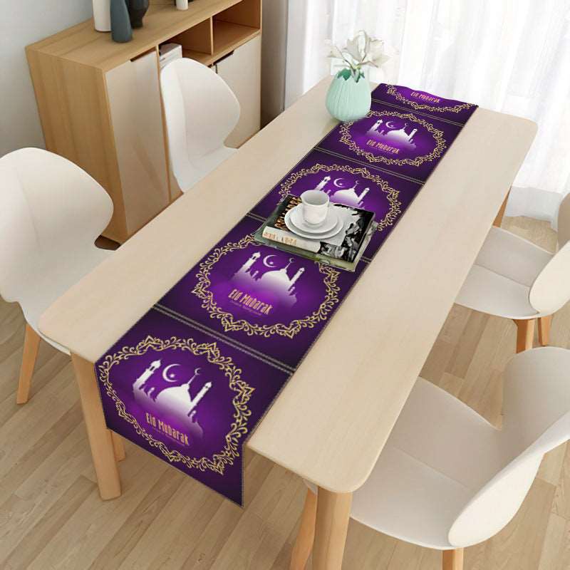Eid mubarak decorative tablecloth - Hallafa Gather family and friends around the table for memorable Ramadan & 'Eid festivities - Choose from 21 beautiful designs to suit your tastes. · Material: Linen with brushed base. #