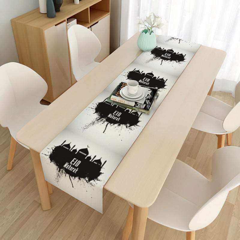 Eid mubarak decorative tablecloth - Hallafa Gather family and friends around the table for memorable Ramadan & 'Eid festivities - Choose from 21 beautiful designs to suit your tastes. · Material: Linen with brushed base. #