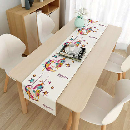 Eid mubarak decorative tablecloth - Hallafa Gather family and friends around the table for memorable Ramadan & 'Eid festivities - Choose from 21 beautiful designs to suit your tastes. · Material: Linen with brushed base. #