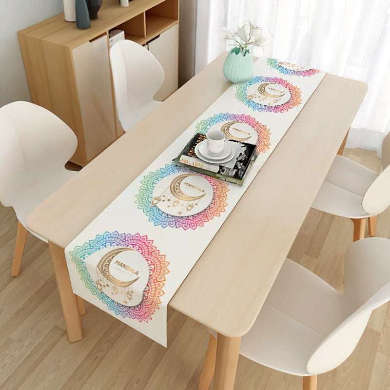 Eid mubarak decorative tablecloth - Hallafa Gather family and friends around the table for memorable Ramadan & 'Eid festivities - Choose from 21 beautiful designs to suit your tastes. · Material: Linen with brushed base. #