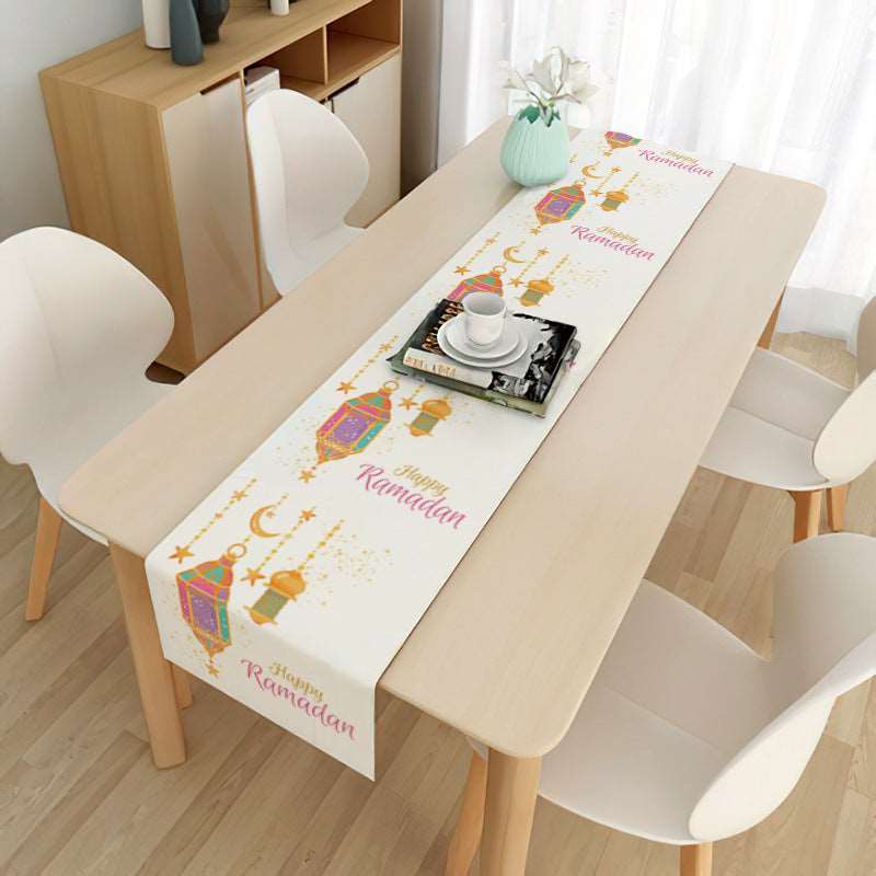 Eid mubarak decorative tablecloth - Hallafa Gather family and friends around the table for memorable Ramadan & 'Eid festivities - Choose from 21 beautiful designs to suit your tastes. · Material: Linen with brushed base. #
