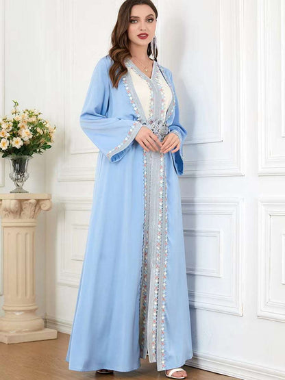 "light blue takchita, white inner dress with kimono/ open abaya and belt."