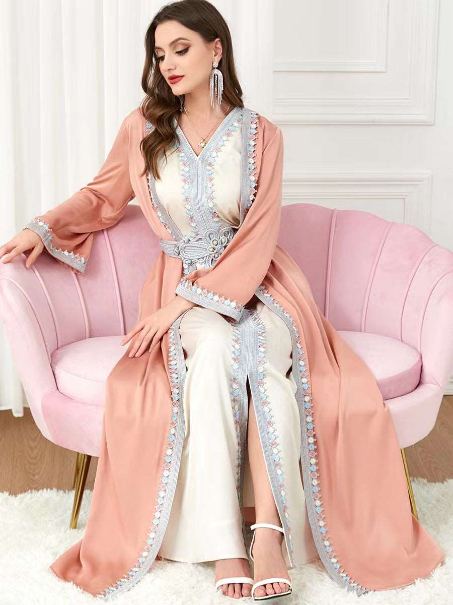 "Embroidered Abaya/Kimono takchita pink with belt."