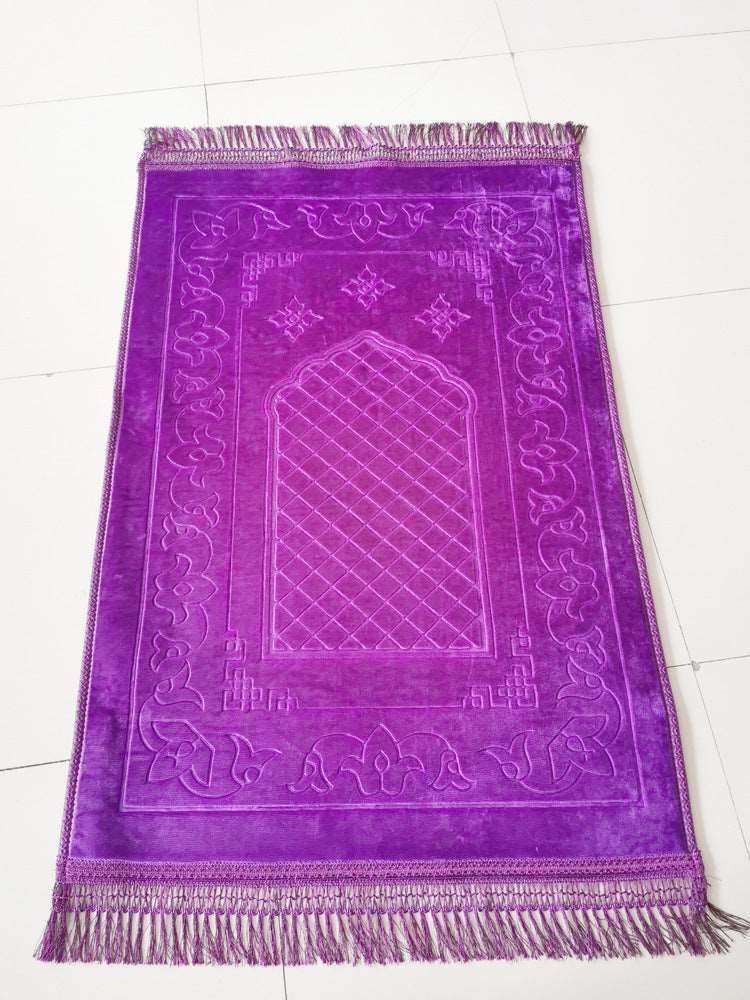 Embossed Islamic Prayer mat - Hallafa This Embossed Prayer mat measures 75 * 110CM, crafted with a woven embossed pattern and fringes on the edges. Its surface is made of luxurious flannel fabric, and the cotton bottom consists of two cozy layers. · Size: 75x110cm #