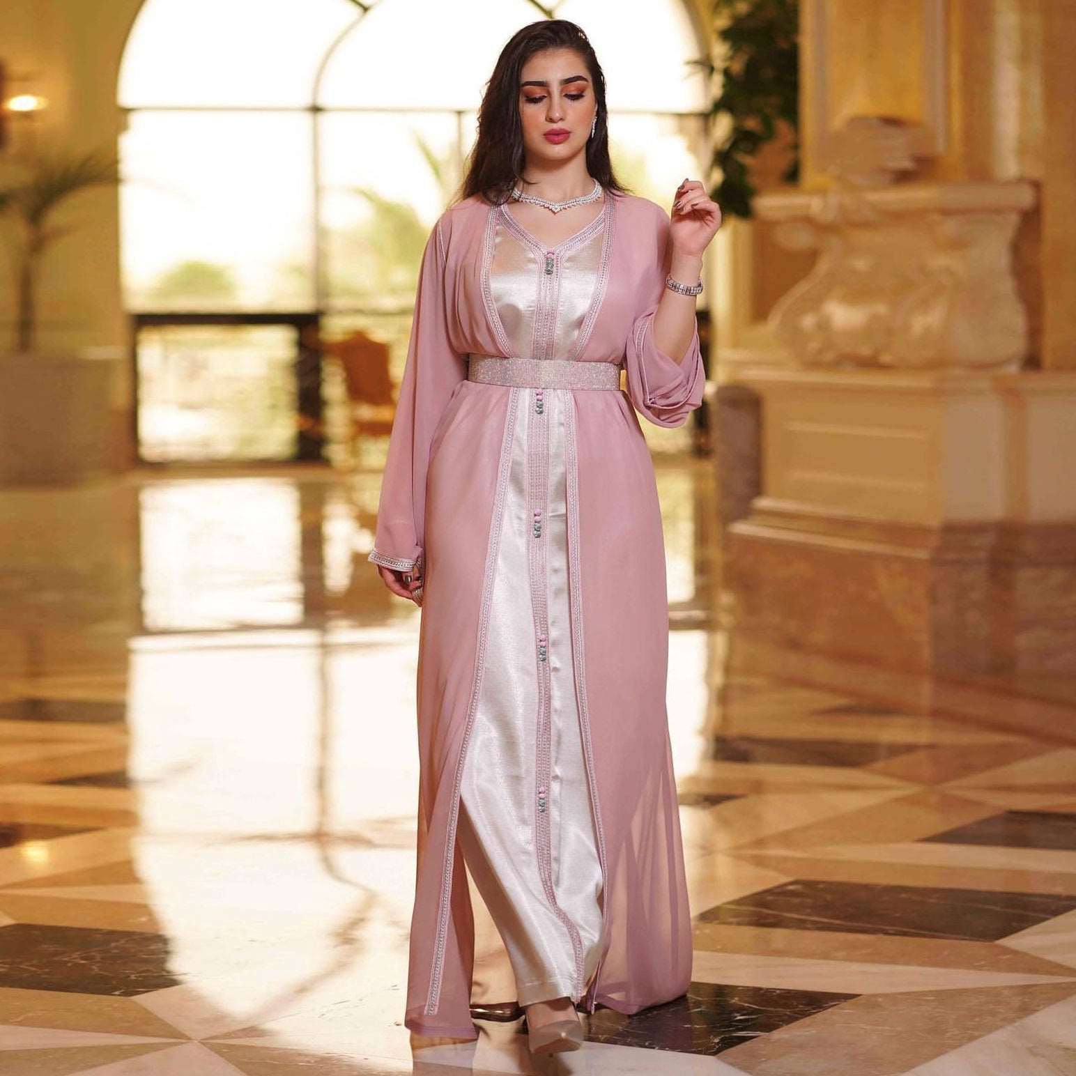 "light pink embroidered moroccon Takchita, inner dress with kimono and belt."