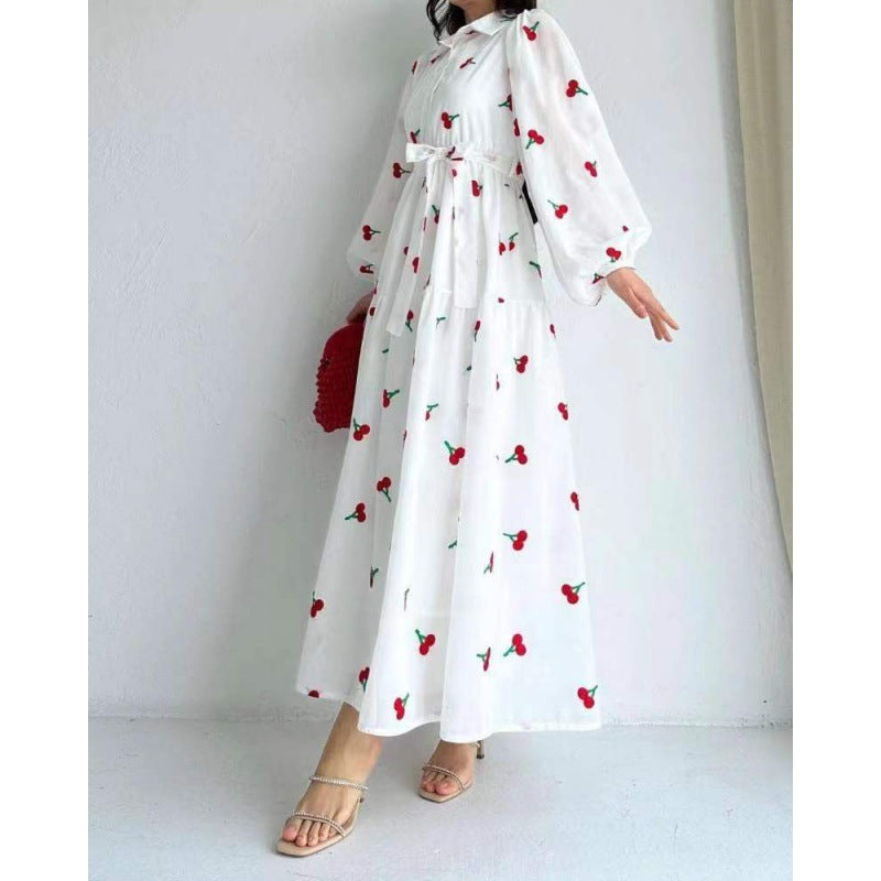 White Fruit printed long sleeve maxi dress