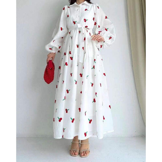 White Cherries printed long sleeve maxi dress