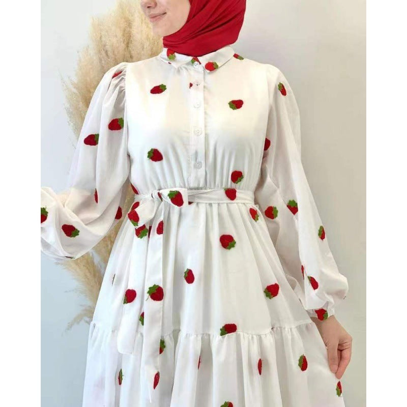 White Strawberry printed long sleeve maxi dress