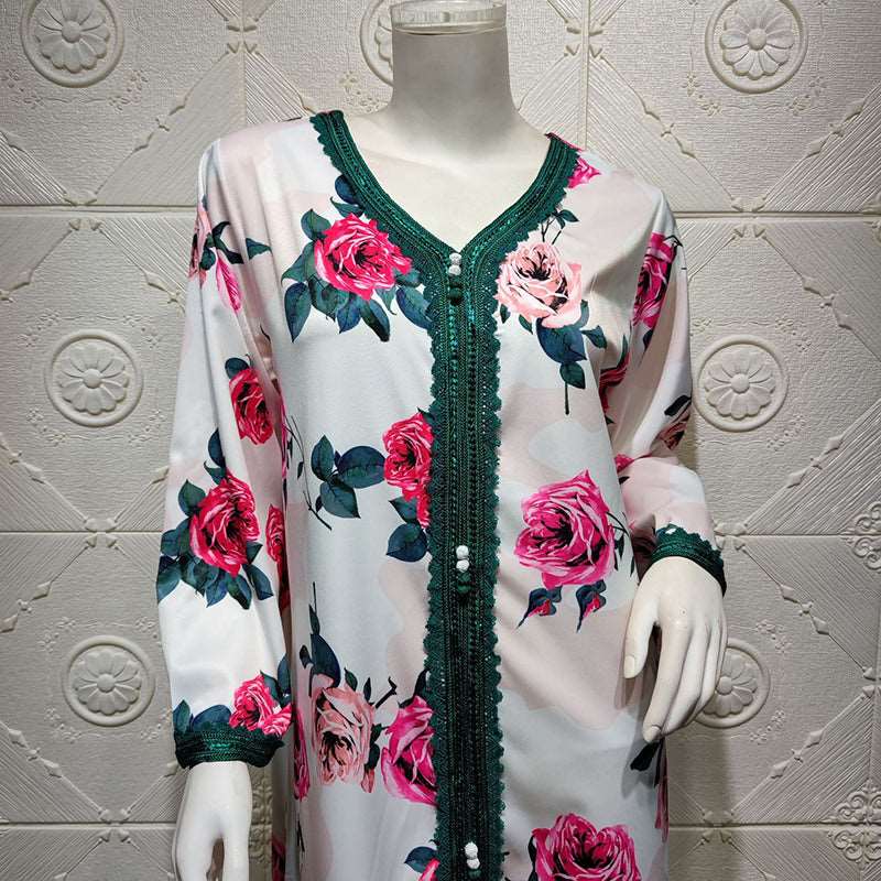 Floral Abaya - Hallafa This Floral Abaya dress radiates elegance and is an ideal dress for any special occasion. Loose waistline, it will make you look and feel your best. · V-neck 1. Choose the larger size if your size between two sizes. Please allow 2-3 cm differences due to manual measurement. 2.As you know, the different computers display colors differently, the color of the actual item may vary slightly from the following images. #