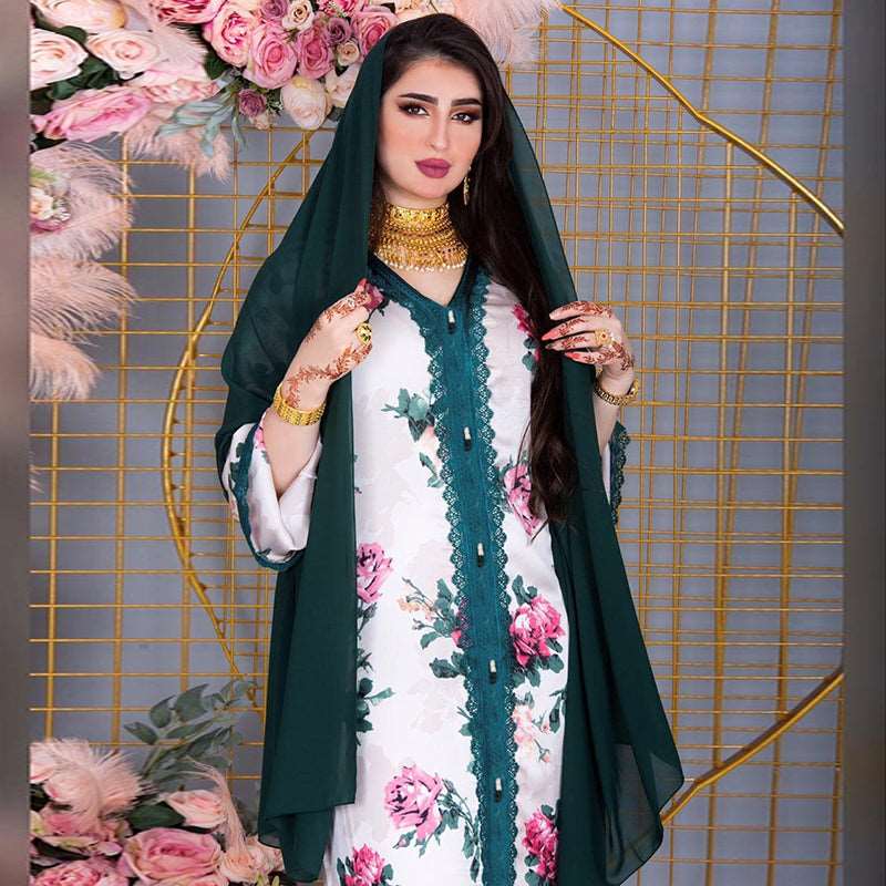 Floral Abaya - Hallafa This Floral Abaya dress radiates elegance and is an ideal dress for any special occasion. Loose waistline, it will make you look and feel your best. · V-neck 1. Choose the larger size if your size between two sizes. Please allow 2-3 cm differences due to manual measurement. 2.As you know, the different computers display colors differently, the color of the actual item may vary slightly from the following images. #