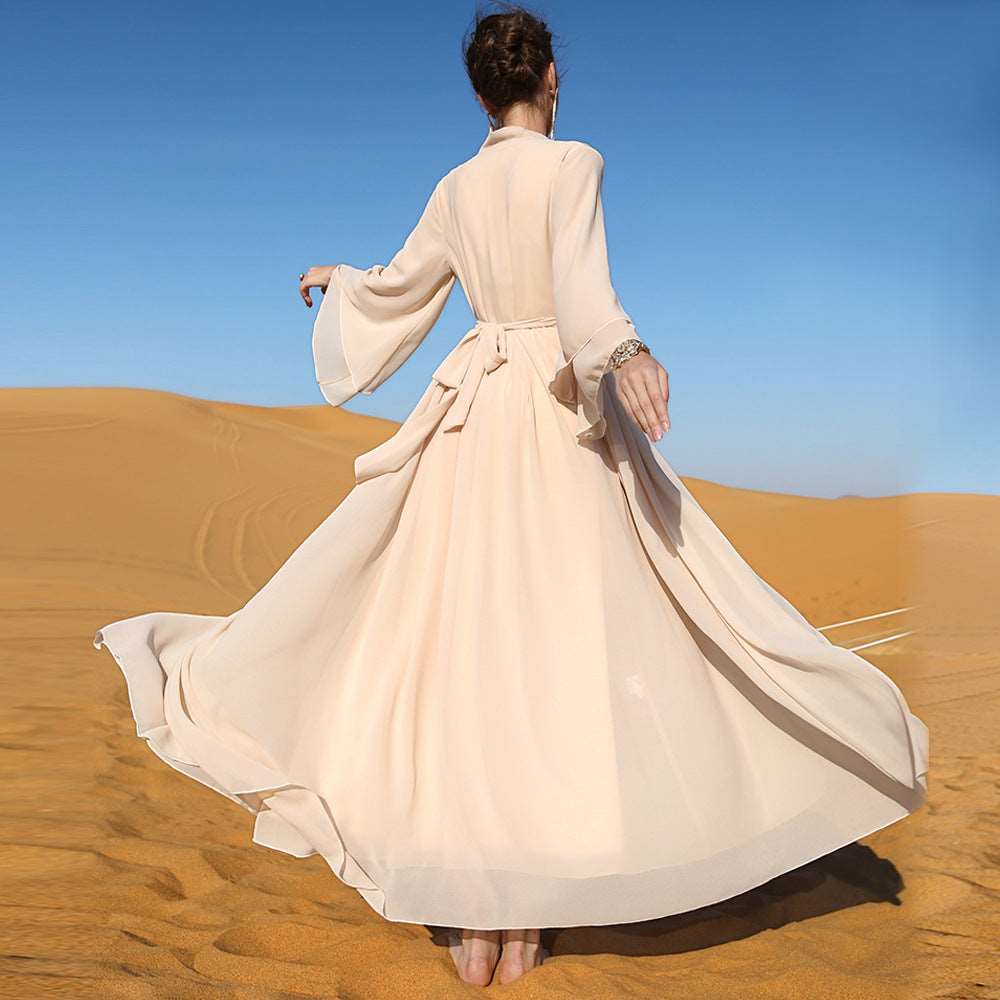 "Chiffon open abaya kimono with belt and inner dress."