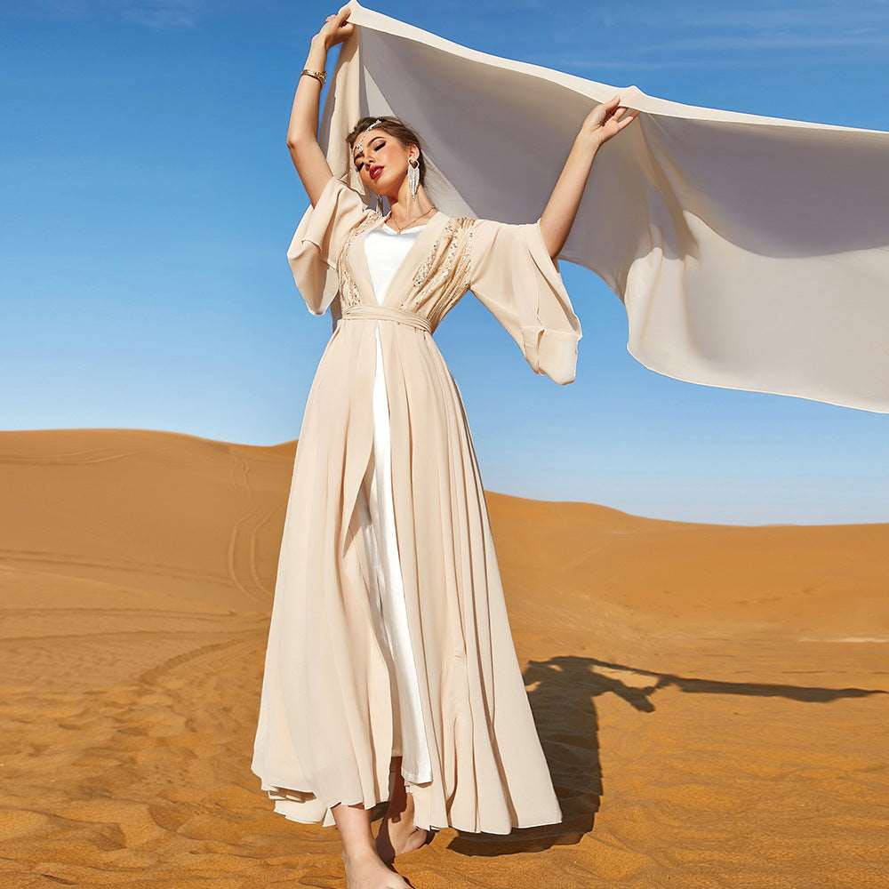 "chiffon open abaya kimono with inner dress."