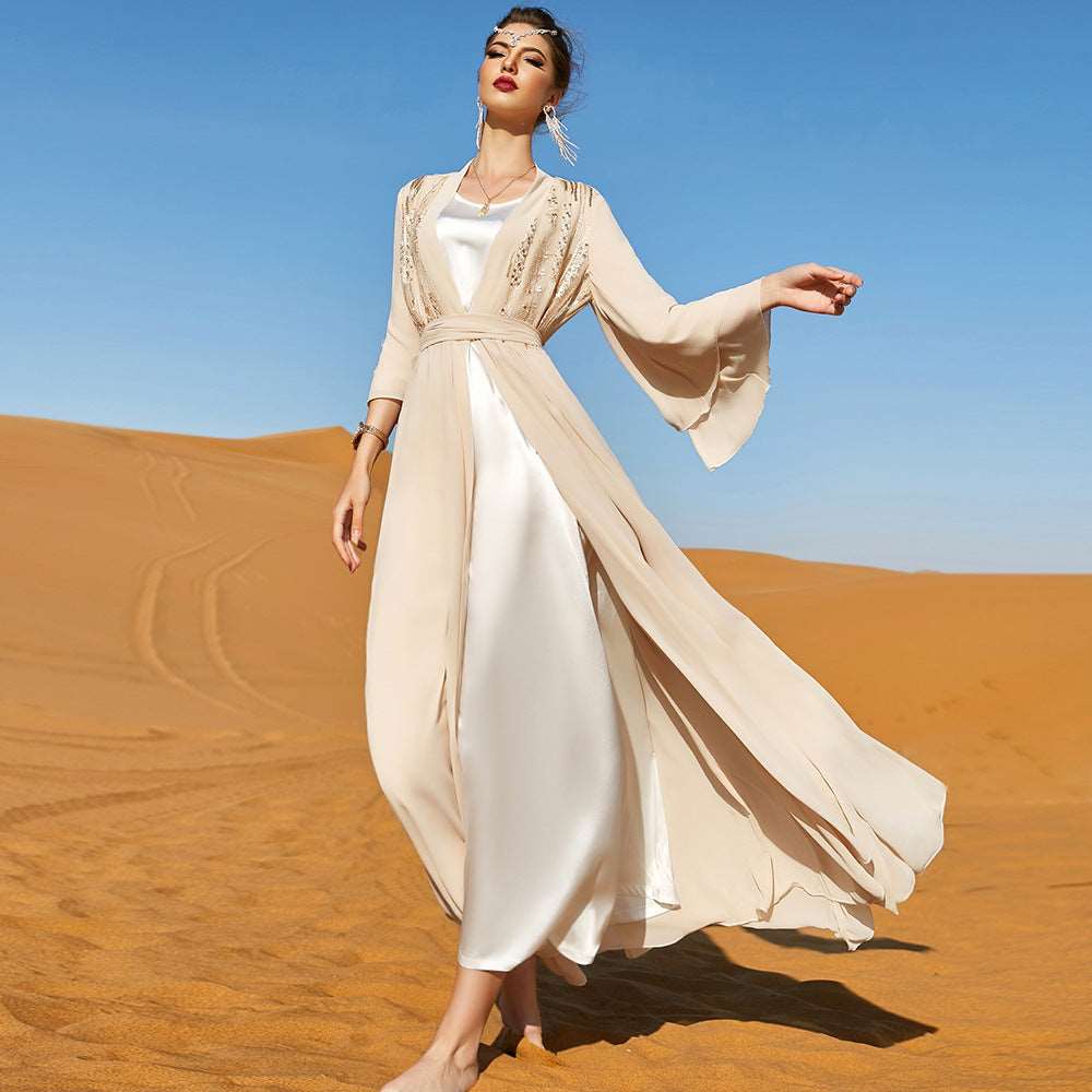 "open abaya kimono tulip sleeves, sleeveless inner dress."