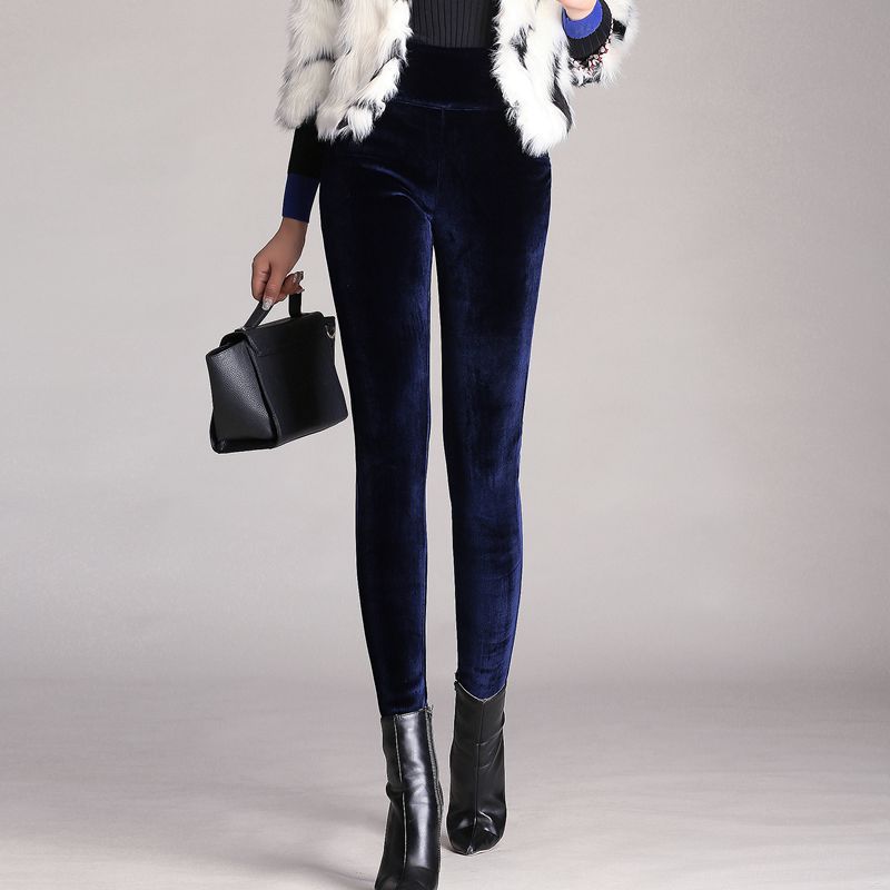 "blue high waist velvet pant, leggings."