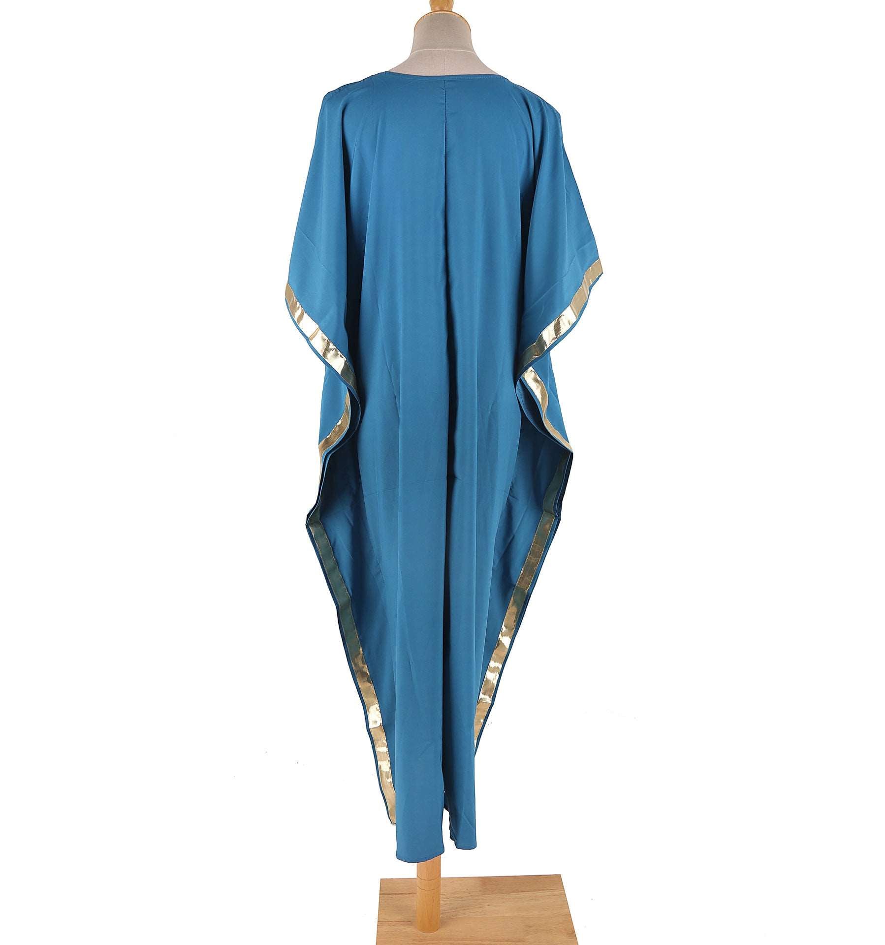 Holiday Kaftan - Hallafa Gorgeous, gold-accented Kaftan with a relaxed fit. · Onesize Size Length Bust Onesize 127 138 Note : 1.As you know, the different computers display colors differently, the color of the actual item may vary slightly from the following images. #