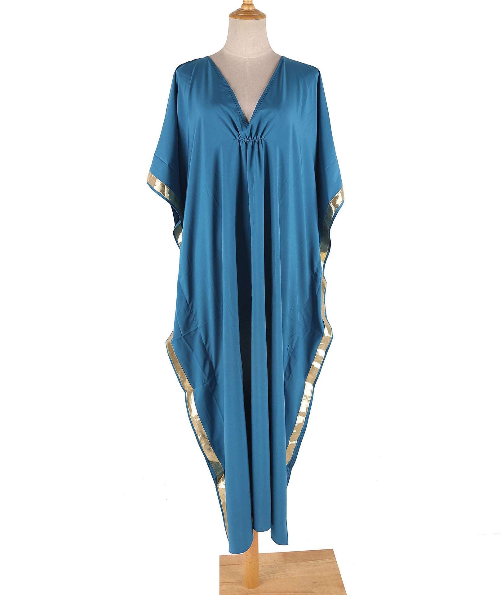 Holiday Kaftan - Hallafa Gorgeous, gold-accented Kaftan with a relaxed fit. · Onesize Size Length Bust Onesize 127 138 Note : 1.As you know, the different computers display colors differently, the color of the actual item may vary slightly from the following images. #