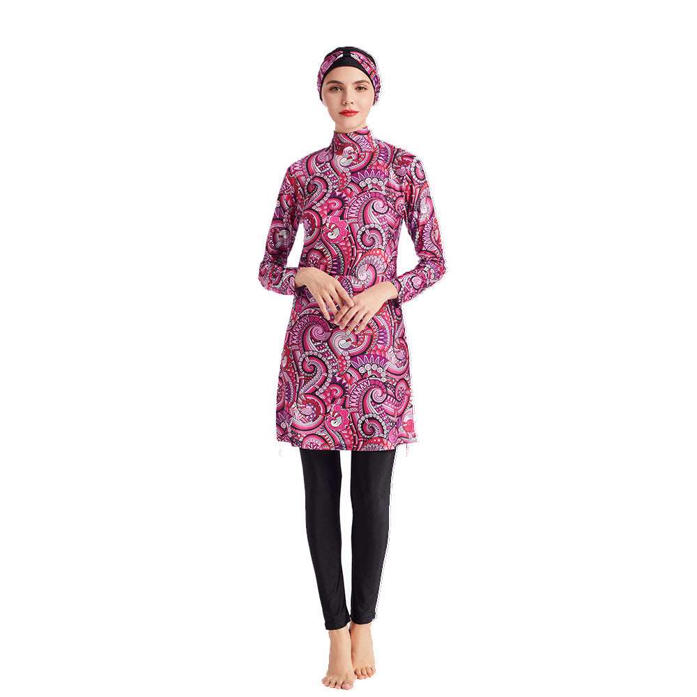 Ladies ethnic style patterned Modest swimwear - Hallafa Ladies, look chic in our ethnic style patterned Modest swimwear. This three-piece set features a patterned tunic with a stand-up collar, long-sleeved top, trousers, and turban. #