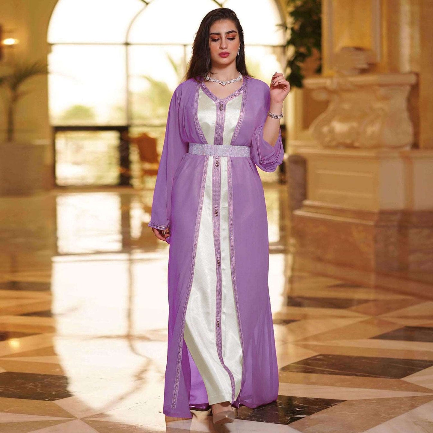 "Light purple moroccon takchita kaftan, white inner dress with purple kimono and belt."