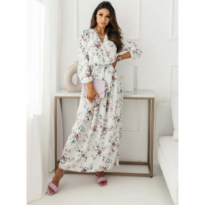 "white long sleeves wrap maxi dress with flowers."