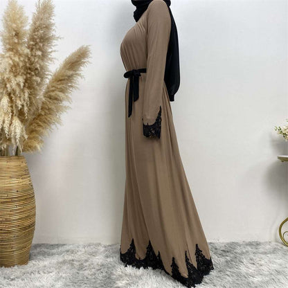 "khaki modest fashion Long dress with lace accents."