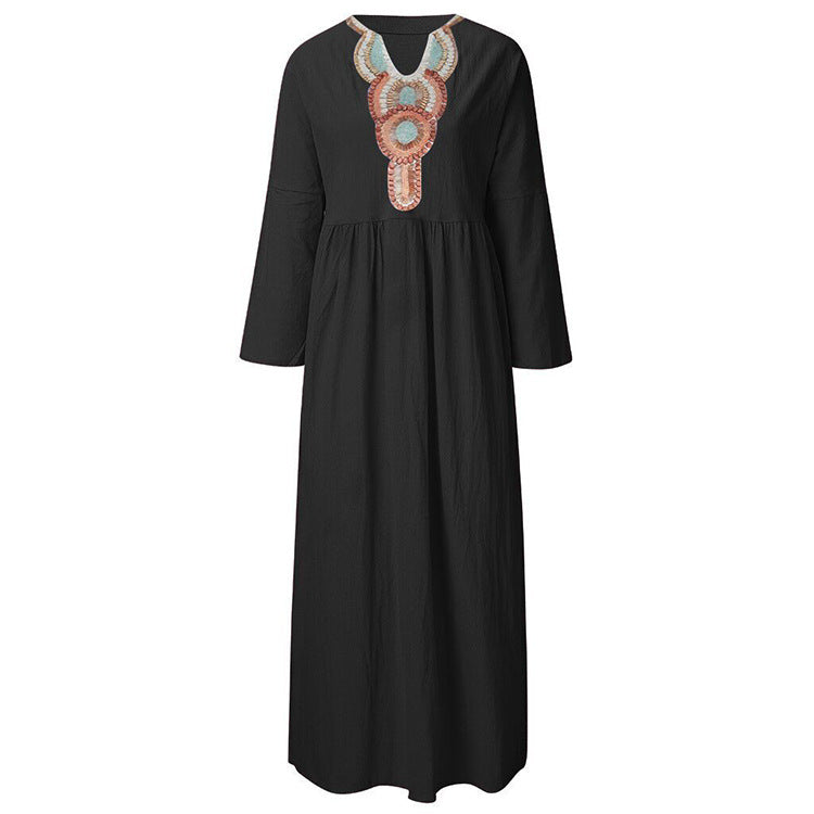 Loose bohemian long-sleeved maxi dress - Hallafa This cozy cotton maxi dress has a bohemian style and long sleeves. · Color: white, green, black, lake blue, red #