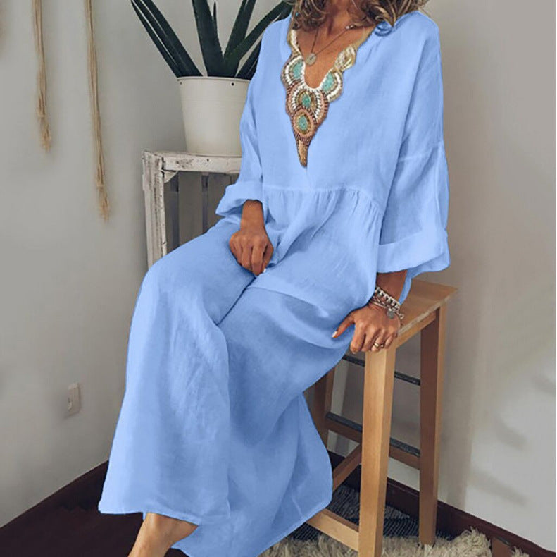 Loose bohemian long-sleeved maxi dress - Hallafa This cozy cotton maxi dress has a bohemian style and long sleeves. · Color: white, green, black, lake blue, red #