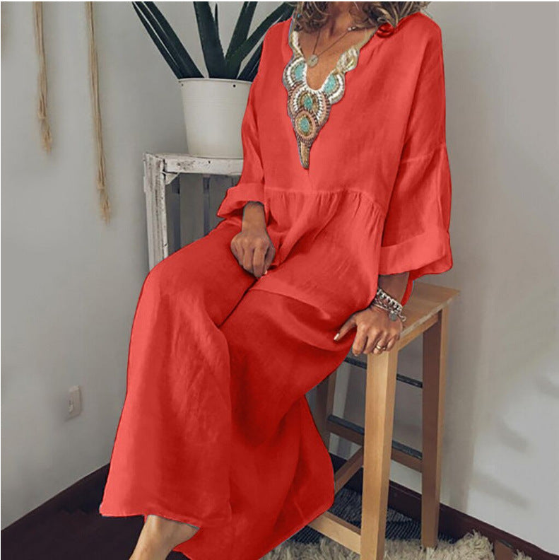 Loose bohemian long-sleeved maxi dress - Hallafa This cozy cotton maxi dress has a bohemian style and long sleeves. · Color: white, green, black, lake blue, red #