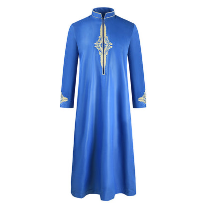 "blue Luxury Embroidered Long-Sleeved Thobe, with golden details."