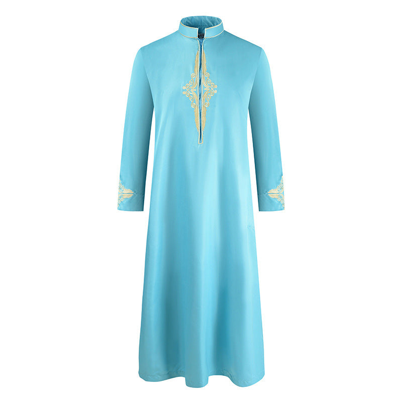 "green Luxury Embroidered Long-Sleeved Thobe/ jubba with golden details."