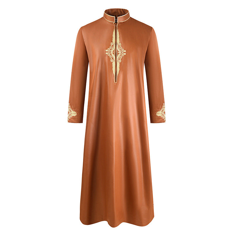 "mens rusty orange jubba with stand-up collars,embroideries on front and sleeves."