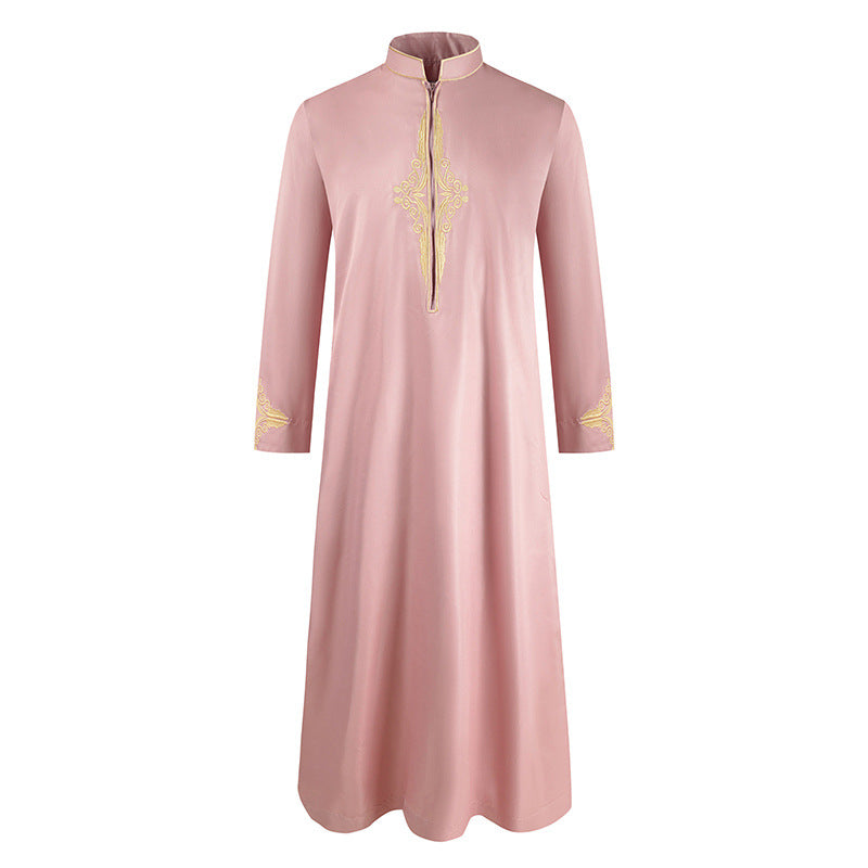 "pink Luxury Embroidered Long-Sleeved Thobe jubba with golden details."