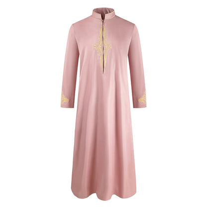 "pink Luxury Embroidered Long-Sleeved Thobe jubba with golden details."