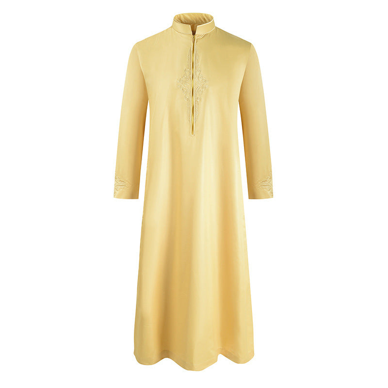 "mens yellow jubba with stand-up collars,embroideries on front and sleeves."