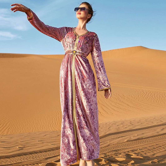 Luxury velvet Abaya with rhinestone - Hallafa Ladies, look fabulous in this luxurious velvet Abaya with its rhinestone and golden details. Wear it to all your special occasions. Size Information: Note: As you know, the different computers display colors differently, the color of the actual item may vary slightly from the following images. #