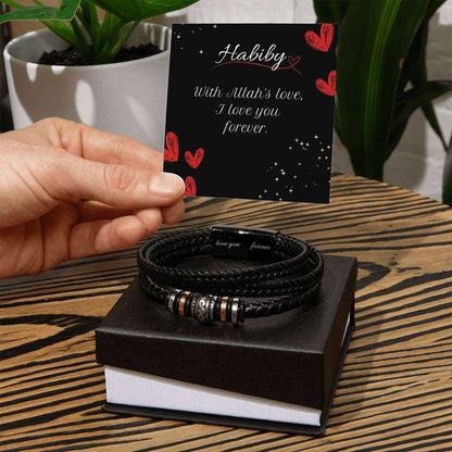 Hallafa islamic gift Our Men's "Love You Forever" Bracelet is just the right choice! Engraved with a heartfelt message, this bracelet is ideal for birthdays, anniversaries, or simply to say "I love you." More than just an accessory, it's a daily reminder of your love and appreciation.
 

Crafted from durable stainless steel and vegan leather, this bracelet is not only stylish but also built to last. The strong magnetic clasp ensures it stays secure while making it a