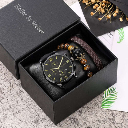 Men elegant gift set - Hallafa Men's elegant gift set, gift box with watch and accessories, 6 unique gift options. Waterproof: No Movement type: Quartz Mirror material: ordinary glass mirror Clasp style: pin buckle Buckle material: stainless steel Case material: alloy #