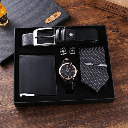 Men luxury Gift Set - Hallafa Treat him to the luxurious Men's Gift Set! This five-piece gift set includes a belt, wallet, tie, big-faced watch, and a set of cufflinks. Strap material: Titanium alloy color:Black Dial diameter: 45mm Case material: Alloy Waterproof depth: 20ATM Watch mirror material: Synthetic sapphire crystal #