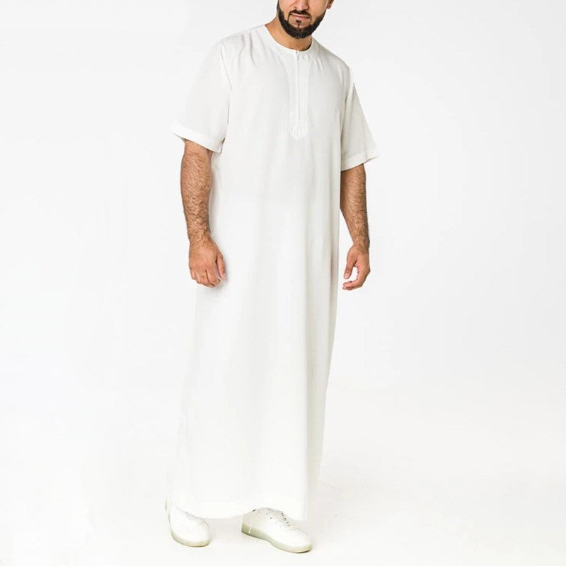Men's Thobe with short sleeves - Hallafa This Men's Thobe has short sleeves and an O-neck, plus a convenient zipper--great for everyday wear. #