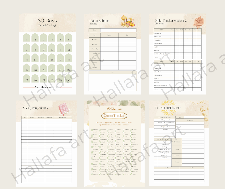 PRINTABLE RAMADAN PLANNER BUNDLE- Hallafa. Ultimate Ramadan Planner Bundle – Stay Organized & Spiritually Focused! 🌙
Make this Ramadan truly special with our comprehensive printable planner bundle! Designed to help you organize, reflect, and stay on track, this planner includes everything you need—from daily schedules to spiritual trackers and Eid preparations.