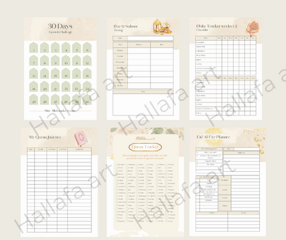 PRINTABLE RAMADAN PLANNER BUNDLE- Hallafa. Ultimate Ramadan Planner Bundle – Stay Organized & Spiritually Focused! 🌙
Make this Ramadan truly special with our comprehensive printable planner bundle! Designed to help you organize, reflect, and stay on track, this planner includes everything you need—from daily schedules to spiritual trackers and Eid preparations.