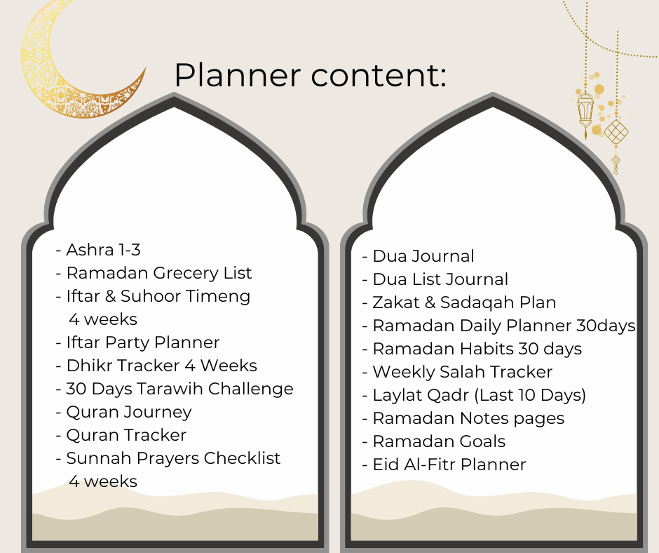 PRINTABLE RAMADAN PLANNER BUNDLE-Hallafa. 🌟 WHAT’S INCLUDED? 🌟
📖 Spiritual Growth & Reflection:
✔ Ashra 1-3 Reflection
✔ Dua Journal & Dua List Journal
✔ Quran Journey & Quran Tracker
✔ Laylat Al-Qadr (Last 10 Days) Reflection
✔ 30 Days Tarawih Challenge
✔ Sunnah Prayers Checklist (4 Weeks)
✔ Dhikr Tracker (4 Weeks)