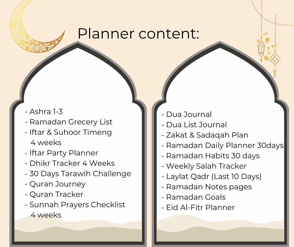 PRINTABLE RAMADAN PLANNER BUNDLE PINK Hallafa. 🌟 WHAT’S INCLUDED? 🌟
📖 Spiritual Growth & Reflection:
✔ Ashra 1-3 Reflection
✔ Dua Journal & Dua List Journal
✔ Quran Journey & Quran Tracker
✔ Laylat Al-Qadr (Last 10 Days) Reflection
✔ 30 Days Tarawih Challenge
✔ Sunnah Prayers Checklist (4 Weeks)
✔ Dhikr Tracker (4 Weeks)
🕌 Prayer & Worship Planning:
✔ Weekly Salah Tracker
✔ Ramadan Habits (30 Days)
Daily & Weekly Organization/ Ramadan Calendar:
✔ Ramadan Daily Planner (30 Days)
✔ Ramadan Goals Tracker
✔