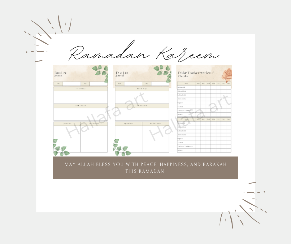 PRINTABLE RAMADAN PLANNER BUNDLE PINK Pages. 🌟 WHAT’S INCLUDED? 🌟
📖 Spiritual Growth & Reflection:
✔ Ashra 1-3 Reflection
✔ Dua Journal & Dua List Journal
✔ Quran Journey & Quran Tracker
✔ Laylat Al-Qadr (Last 10 Days) Reflection
✔ 30 Days Tarawih Challenge
✔ Sunnah Prayers Checklist (4 Weeks)
✔ Dhikr Tracker (4 Weeks)
🕌 Prayer & Worship Planning:
✔ Weekly Salah Tracker
✔ Ramadan Habits (30 Days)
Daily & Weekly Organization/ Ramadan Calendar:
✔ Ramadan Daily Planner (30 Days)
✔ Ramadan Goals Tracker
✔ R