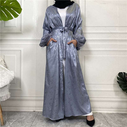 "grey satinn open abaya/kimono."